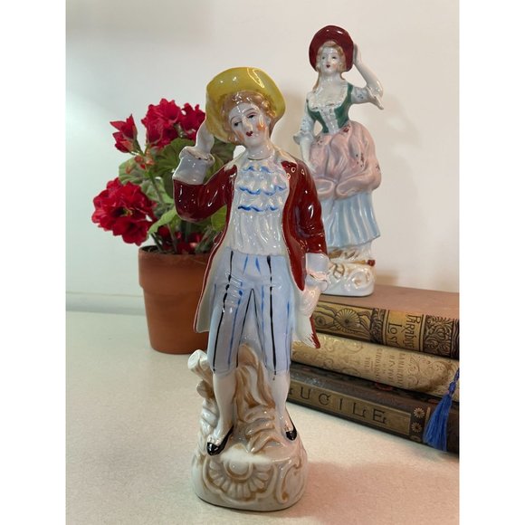 Vintage Made in Japan Porcelain Victorian Man & Woman Figurines 10" Hand Painted - Picture 2 of 16